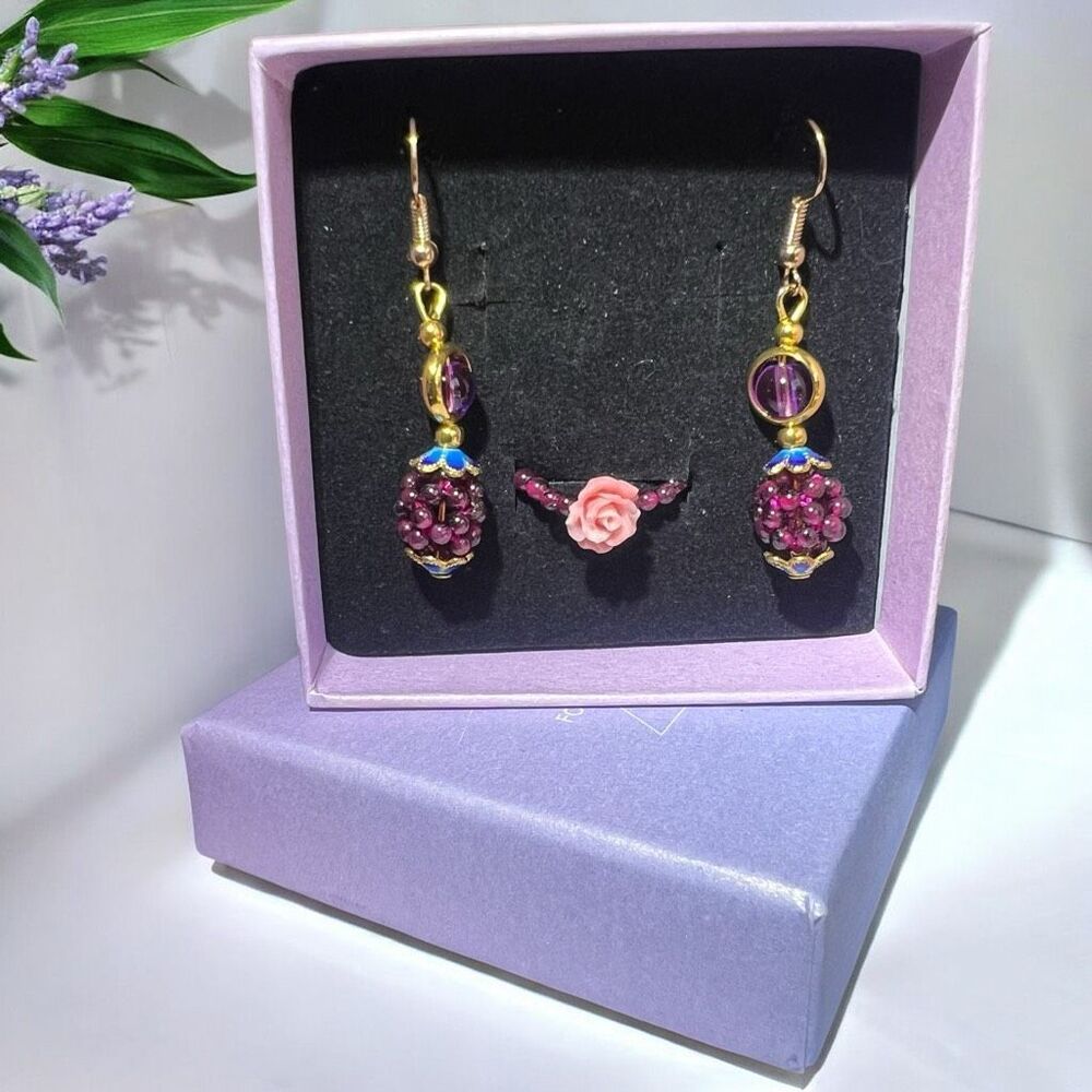 Handcrafted Garnet and Amethyst Dangle Earrings and‎ Adjustable Ring Set